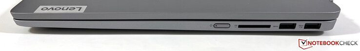A destra: Pulsante di accensione, lettore di schede SD, 2x USB-A 3.2 Gen.1 (5 GBit/s)