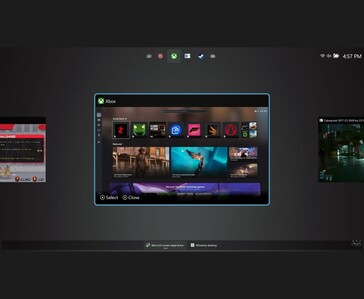 La vista multitasking di Windows 11 Full Screen Experience (FSE) mostra più giochi in esecuzione e il commutatore di app Xbox, come dimostrato nei test di ETA Prime (Fonte immagine: YouTube/ETA Prime)