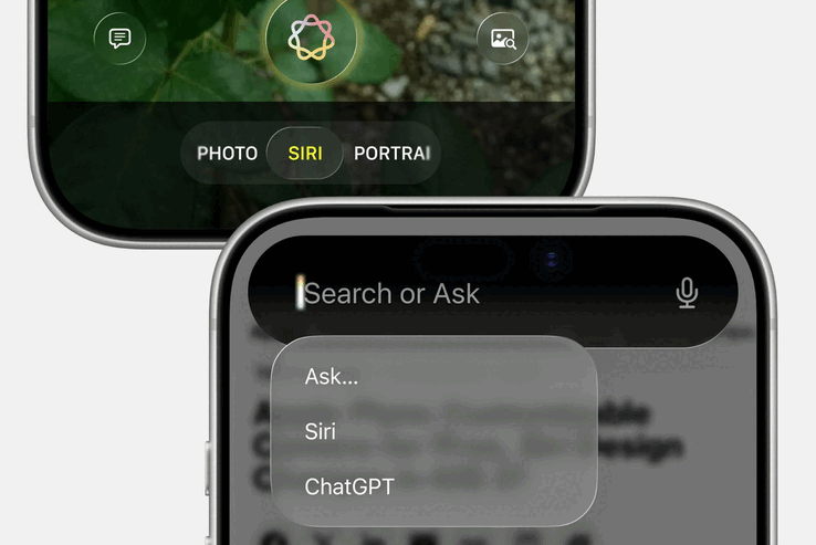 La prevista integrazione di Siri nell'app Fotocamera e la nuova interfaccia Cerca o Chiedi per Siri.