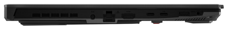 Lato sinistro: Alimentazione, Gigabit Ethernet, HDMI, Thunderbolt 4 (USB-C; DisplayPort), USB 3.2 Gen 2 (USB-C; Power Delivery, DisplayPort, G-Sync), USB 3.2 Gen 1 (USB-A), audio