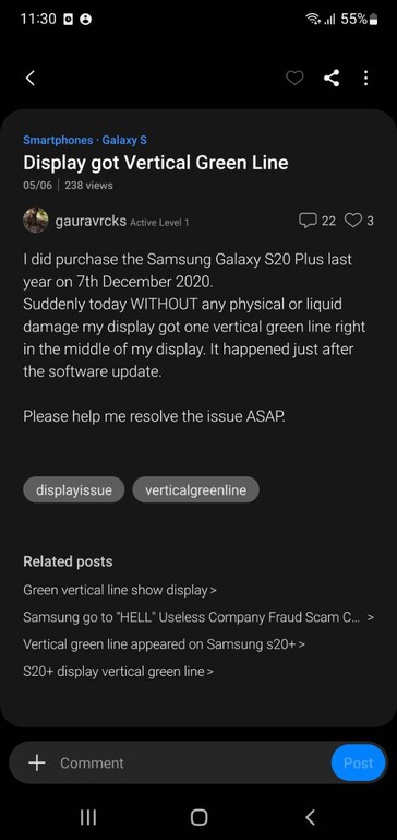 Utenti che si lamentano dei problemi di visualizzazione di Galaxy S20 Plus su Samsung Members (immagine via own)