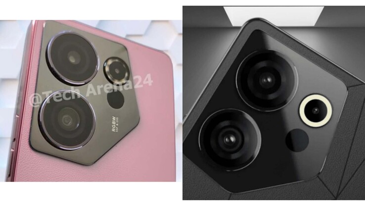 La presunta immagine reale del Camon 20 Premier 5G (a sinistra) e un rendering della presunta versione nera a destra. (Fonte: TheCluesTech)
