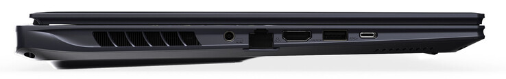 Lato sinistro: connessione di alimentazione, Gigabit Ethernet, HDMI, USB 3.2 Gen 2 (USB-A), Thunderbolt 4 (USB-C; Power Delivery, DisplayPort)