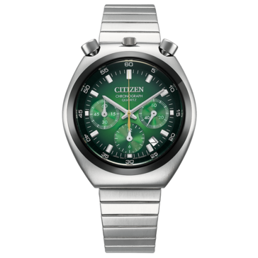 Vista frontale del Citizen Tsuno Chronograph AN3714-76W, caratterizzato da un quadrante con sfumatura verde.