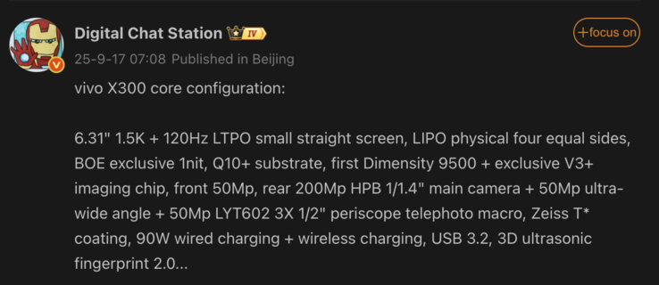 Specifiche trapelate del Vivo X300. (Fonte immagine: Weibo - traduzione automatica)