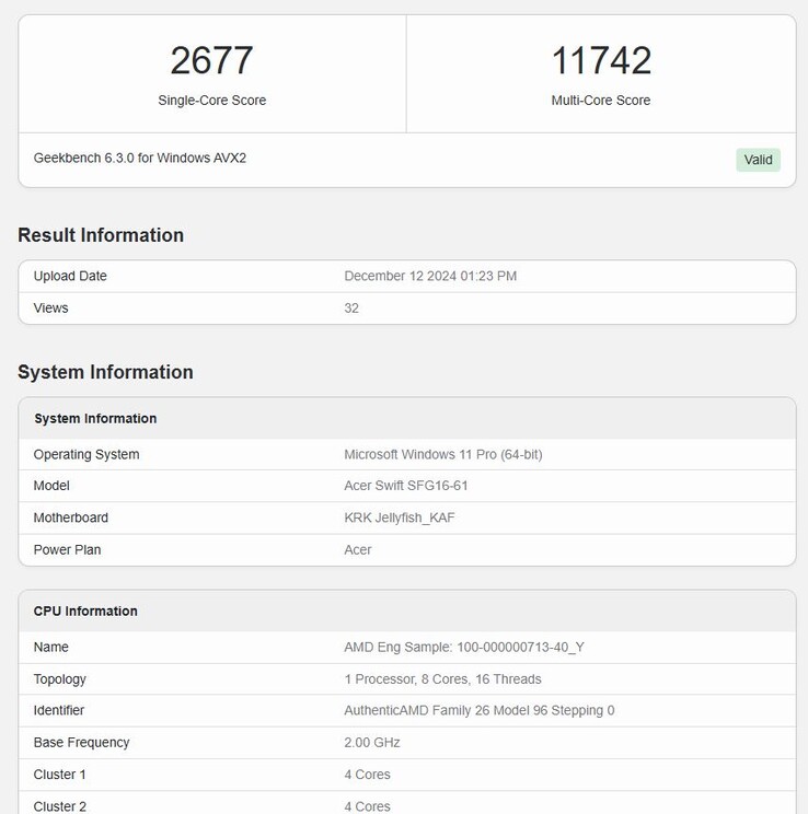 Il prossimo Ryzen AI 7 350 a 8 core di AMD ha fatto il suo debutto su Geekbench con punteggi decenti. (Fonte: Geekbench)