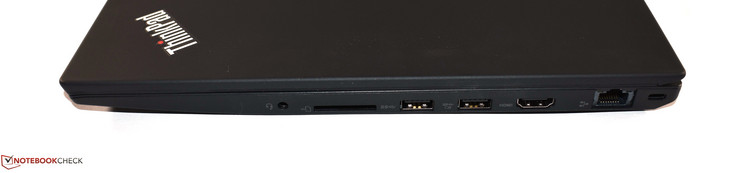 A destra: jack audio combinato, lettore di schede SD, 2x USB 3.0 tipo A, HDMI, RJ45 Ethernet, Kensington Lock