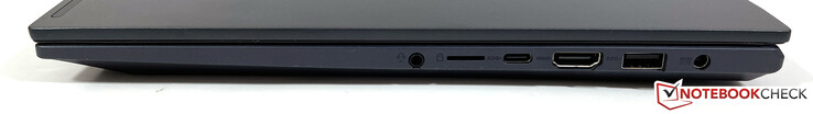 A destra: audio da 3,5 mm, lettore di schede microSD, USB-C (3.2 Gen 1), HDMI 1.4b, USB-A (3.2 Gen 1), alimentazione