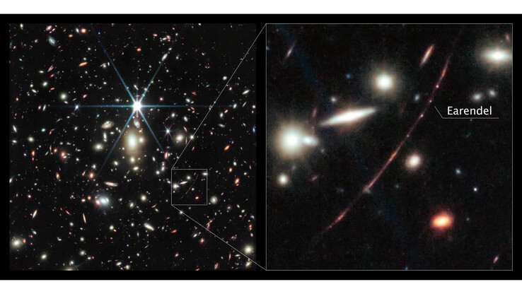 Un ammasso galattico nell'immagine a sinistra aumenta la luce di quella che è stata percepita come la stella più lontana dell'Universo nell'immagine a destra. (Fonte immagine: NASA, ESA, CSA, D. Coe, B. Welch)