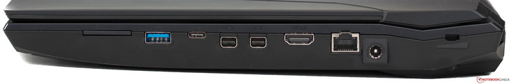 Lato Destro: card reader, USB 3.1 Gen 1, USB 3.1 Gen 2 Type-C, 2x Mini DisplayPort, HDMI 2.0, Ethernet, alimentazione, Kensington lock