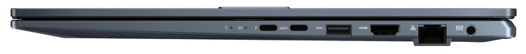 Lato destro: Thunderbolt 4 (USB-C; power delivery, DisplayPort), USB 3.2 Gen 2 (USB-C; power delivery), USB 3.2 Gen 1 (USB-A), HDMI, gigabit ethernet, connessione di alimentazione