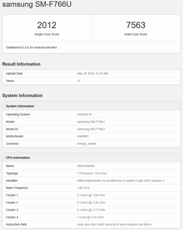 Exynos 2500 Geekbench con Galaxy Z Flip 7 (fonte: Geekbench)