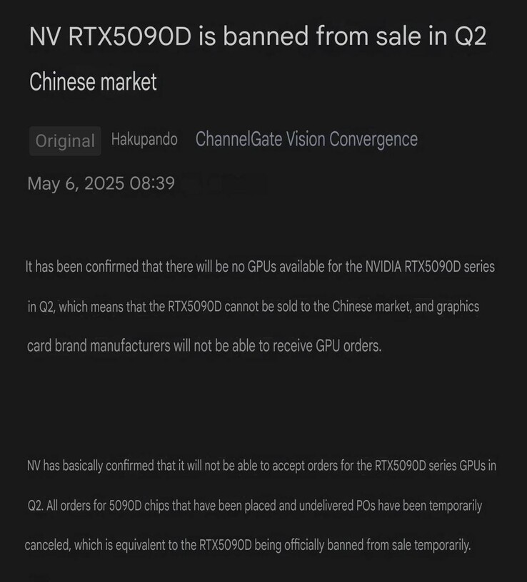 Nvidia avrebbe interrotto le vendite della RTX 5090D. (Fonte immagine: HXL on X, traduzione automatica)