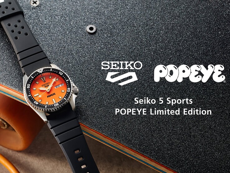 Testo alternativo: Immagine obliqua del Seiko 5 Sports x Popeye HDB013 che ne mostra il quadrante arancione, la lunetta girevole nera e la cassa in acciaio inossidabile.