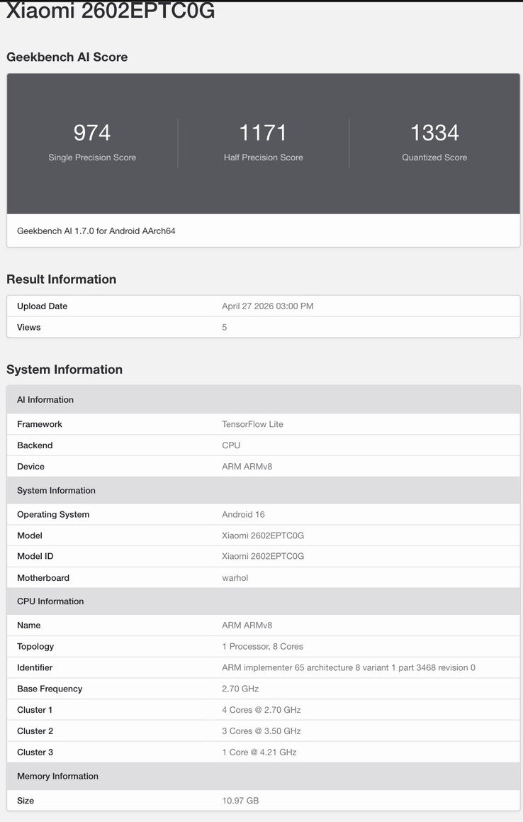 L'elenco di Geekbench rivela i dettagli del chipset dello Xiaomi 17T Pro.