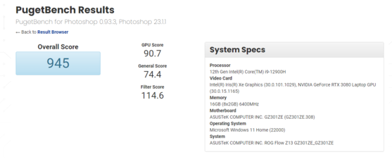 Asus ROG Flow Z13 con Core i9-12900H e RTX 3080 in PugetBench Photoshop. (Fonte: PugetBench)