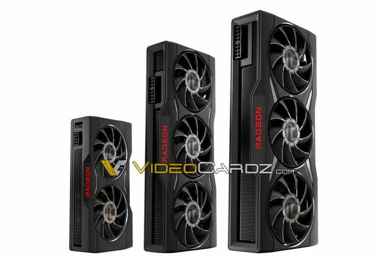 AMD Radeon RX 6950 XT, Radeon RX 6750 XT e Radeon RX 6650 XT nella foto, da destra a sinistra. (immagine via Videocardz)