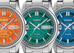 Tre orologi Casio MTP-E740 nei colori arancione, verde acqua e blu brillante, raffigurati affiancati con quadranti traslucidi che lasciano intravedere i meccanismi del giorno e della data sottostanti.