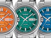 Tre orologi Casio MTP-E740 nei colori arancione, verde acqua e blu brillante, raffigurati affiancati con quadranti traslucidi che lasciano intravedere i meccanismi del giorno e della data sottostanti.