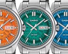 Tre orologi Casio MTP-E740 nei colori arancione, verde acqua e blu brillante, raffigurati affiancati con quadranti traslucidi che lasciano intravedere i meccanismi del giorno e della data sottostanti.
