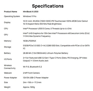 Specifiche complete del MiniBook X U300