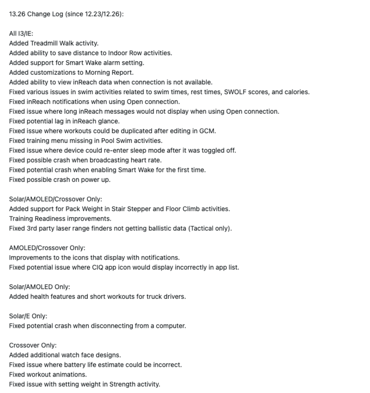 Il registro delle modifiche per il software di sistema Garmin 13.26