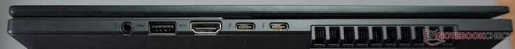 Porte sulla destra: cuffie, USB-A (5 Gbit/s), HDMI 2.1 FRL, due Thunderbolt 4