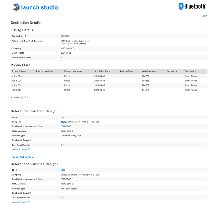 Il Bluetooth SIG dà via le specifiche Bluetooth del C20 prima del suo lancio. (Fonte: Bluetooth SIG)