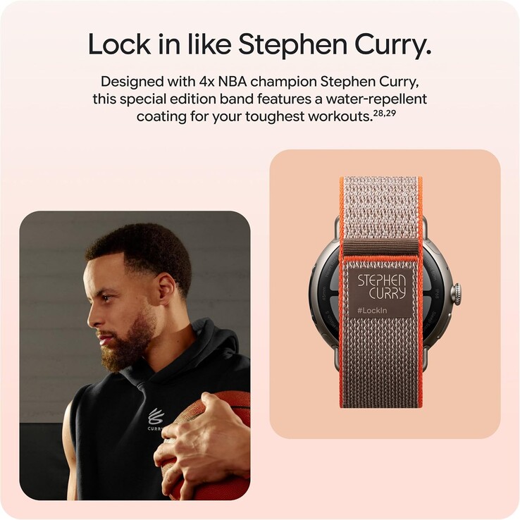 Il cinturino presenta l’immagine di Stephen Curry e il marchio #LockIn, e non è disponibile con i modelli standard da 41 mm e 45 mm.