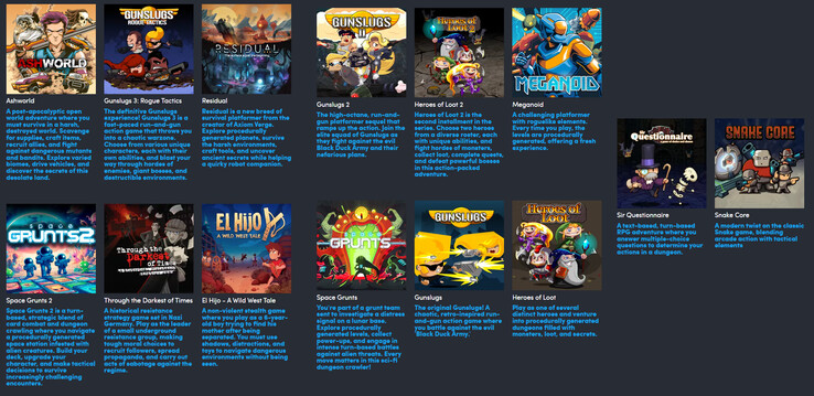 Tutti i giochi inclusi nel bundle Humble Bundle Pixel e Cartoon Enthusiasts GOG (Fonte: Humble Bundle)