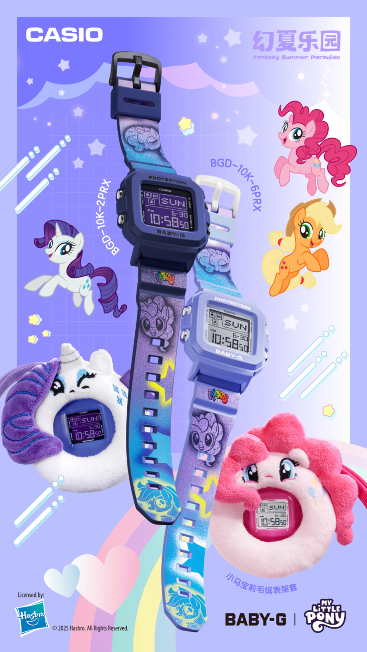 Gli orologi Casio G-Shock Baby-G x My Little Pony BGD-10K-2PRX (a sinistra) e BGD-10K-6PRX (a destra). (Fonte: Casio)