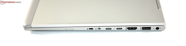 A destra: slot SIM, Kensington lock, combo audio, 2x Thunderbolt 3, HDMI, USB 3.0 type A, porta ricarica