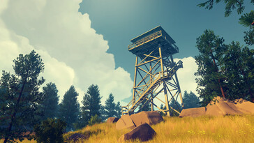 Un'immagine che mostra una torre di avvistamento in Firewatch.