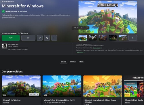 Vengono mostrate le versioni di Minecraft su Xbox Game Pass