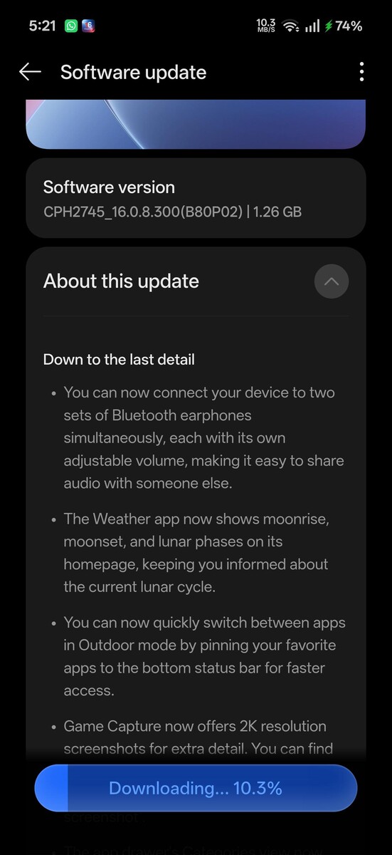 L'aggiornamento OTA di OxygenOS 16.0.8.300 è in fase di download su un OnePlus 15