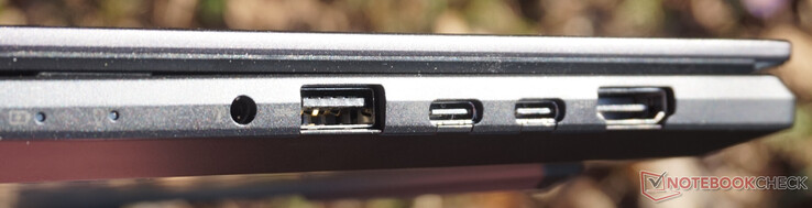 A destra: Jack audio combinato, USB 3.0 (5 Gbit/s), 2x USB-C (10 Gbit/s, DisplayPort, Power Delivery), HDMI 2.1