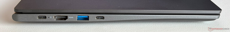 A sinistra: USB-C 3.2 Gen.1 (5 Gbit/s, DisplayPort, Power Delivery), HDMI 1.4b, USB-A 3.2 (5 Gbit/s), USB-C 3.2 Gen.1 (5 Gbit/s, DisplayPort, Power Delivery)