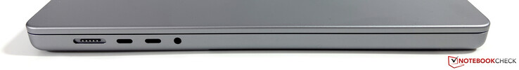 Lato sinistro: MagSafe, 2x USB-C 4.0 con Thunderbolt 4 (40 Gbps, DisplayPort, Power Delivery), cuffie da 3,5 mm