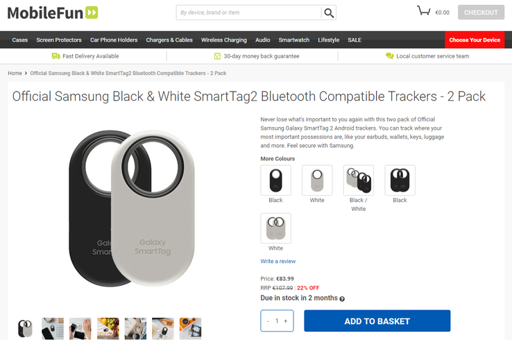 La presunta nuova pagina di vendita dello SmartTag 2 di Galaxy. (Fonte: Mobile Fun)