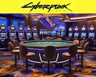Il logo di Cyberpunk 2077 raffigurato sopra un casinò futuristico (Fonte: Rockstar Games con modifiche)