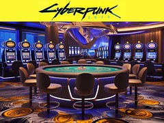 Il logo di Cyberpunk 2077 raffigurato sopra un casinò futuristico (Fonte: Rockstar Games con modifiche)