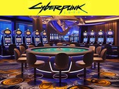 Il logo di Cyberpunk 2077 raffigurato sopra un casinò futuristico (Fonte: Rockstar Games con modifiche)