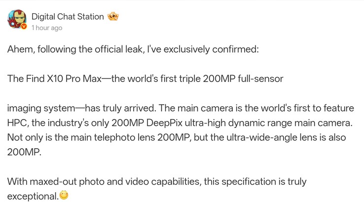 Il post su Weibo pubblicato da Digital Chat Station che illustra in dettaglio le risoluzioni dei sensori delle fotocamere (tradotto automaticamente)