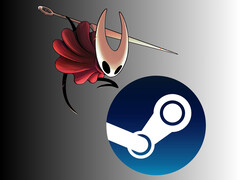 Hornet di Hollow Knight: Silksong sopra il logo di Steam (Fonte: Team Cherry, Steam, con modifiche)