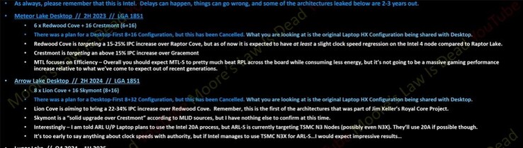 Informazioni su Meteor Lake e Arrow Lake di Intel. (Fonte: MLID)
