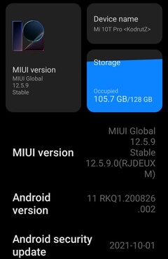 Dettagli della MIUI 12.5.9 Enhanced Edition Global Stable su Xiaomi Mi 10T Pro (Fonte: Proprietario)