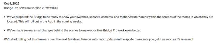 Le note di rilascio del primo aggiornamento di Philips Hue Bridge Pro. (Fonte: Philips Hue)