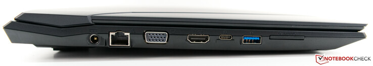 A sinistra: DC-in, RJ45 LAN, VGA, HDMI 1.4b, USB 3.1 Gen2 Type-C (DisplayPort: no, funzione ricarica: no), USB 3.1 Gen2 Type-A, 6-in-1 card reader