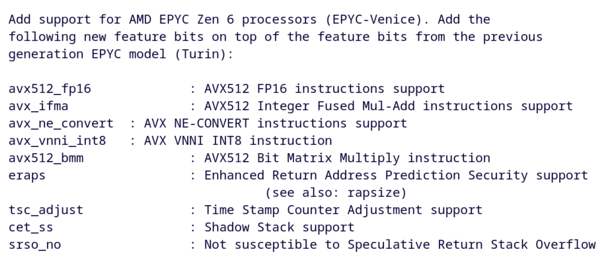 Il messaggio di commit della patch QEMU di Ben Cheatham, che elenca le nuove funzionalità aggiunte per Epyc-Venice.