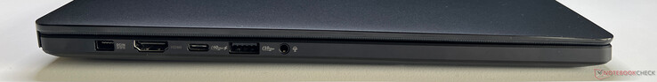 A sinistra: alimentatore, HDMI 2.1 FRL, USB-C 4.0 (40 GBit/s, DisplayPort, Power Delivery), USB-A 3.2 Gen 2 (10 GBit/s), audio 3,5 mm